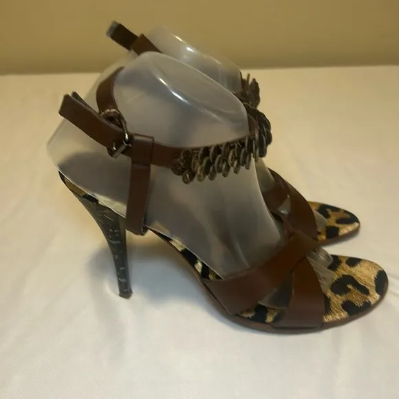 CASADEI Vero Cuoio Leather Heels Animal Print Footbed Sandals , Size 9B