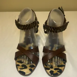 CASADEI Vero Cuoio Leather Heels Animal Print Footbed Sandals , Size 9B