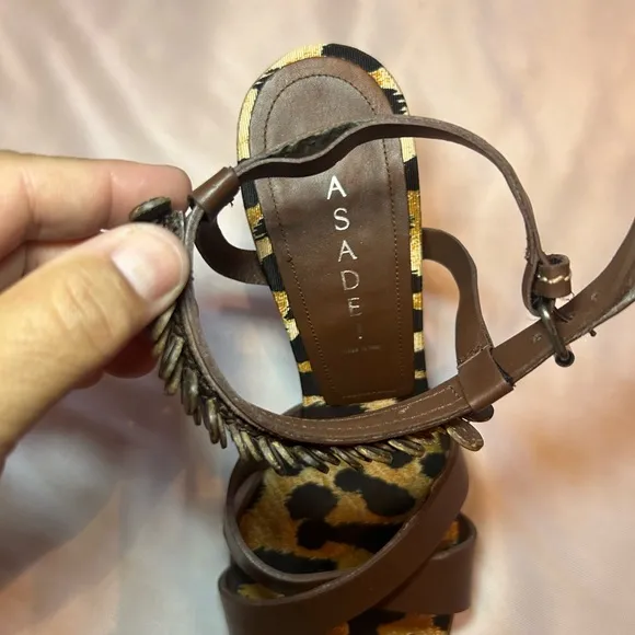 CASADEI Vero Cuoio Leather Heels Animal Print Footbed Sandals , Size 9B