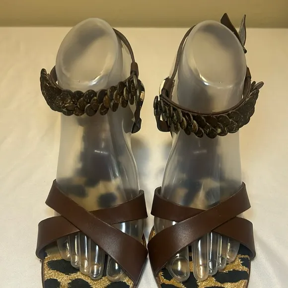 CASADEI Vero Cuoio Leather Heels Animal Print Footbed Sandals , Size 9B