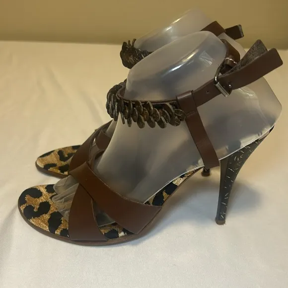 CASADEI Vero Cuoio Leather Heels Animal Print Footbed Sandals , Size 9B