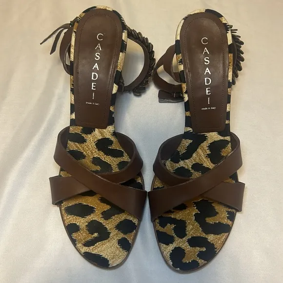 CASADEI Vero Cuoio Leather Heels Animal Print Footbed Sandals , Size 9B
