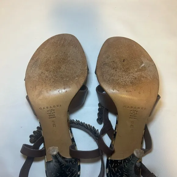 CASADEI Vero Cuoio Leather Heels Animal Print Footbed Sandals , Size 9B