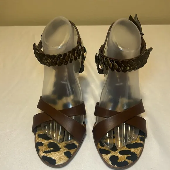 CASADEI Vero Cuoio Leather Heels Animal Print Footbed Sandals , Size 9B