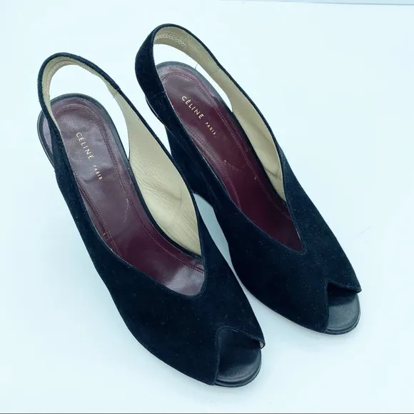 Celine by Phoebe Philo Black Suede Wedge Heels Sandals