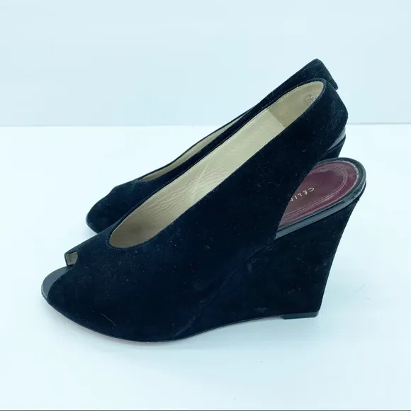 Celine by Phoebe Philo Black Suede Wedge Heels Sandals