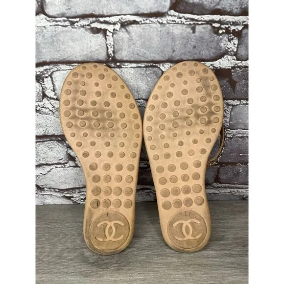 CHANEL Lambskin CC Chain Pink Leather Designer Thong Sandals Women’s Sz 40EU/9.5