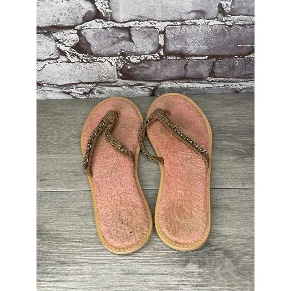 CHANEL Lambskin CC Chain Pink Leather Designer Thong Sandals Women’s Sz 40EU/9.5