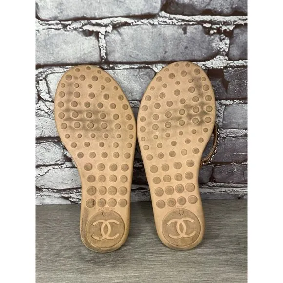 CHANEL Lambskin CC Chain Pink Leather Designer Thong Sandals Women’s Sz 40EU/9.5