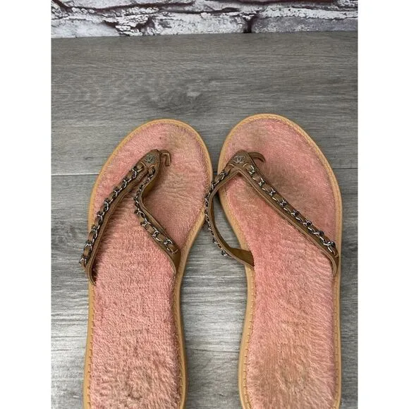 CHANEL Lambskin CC Chain Pink Leather Designer Thong Sandals Women’s Sz 40EU/9.5