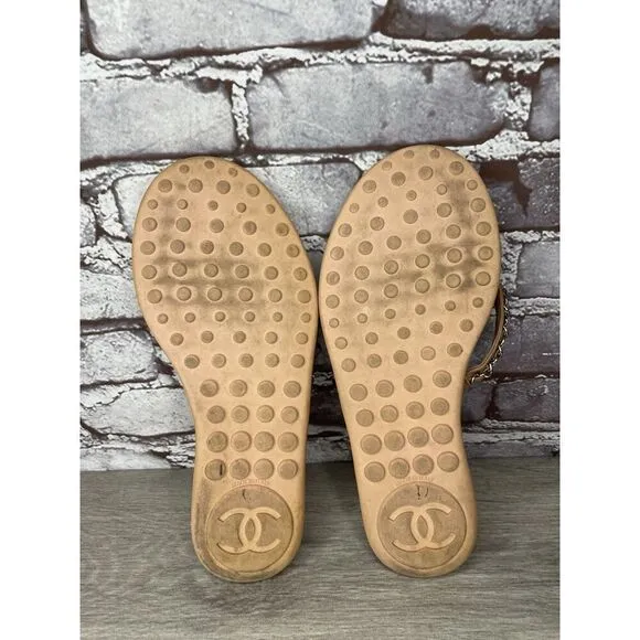 CHANEL Lambskin CC Chain Pink Leather Designer Thong Sandals Women’s Sz 40EU/9.5