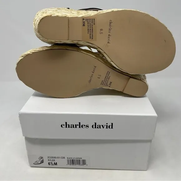 Charles David Rylee Ankle Strap Espadrille Wedge Sandals in Black Leather - NWT