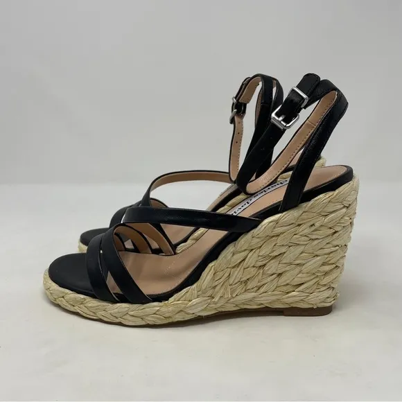 Charles David Rylee Ankle Strap Espadrille Wedge Sandals in Black Leather - NWT