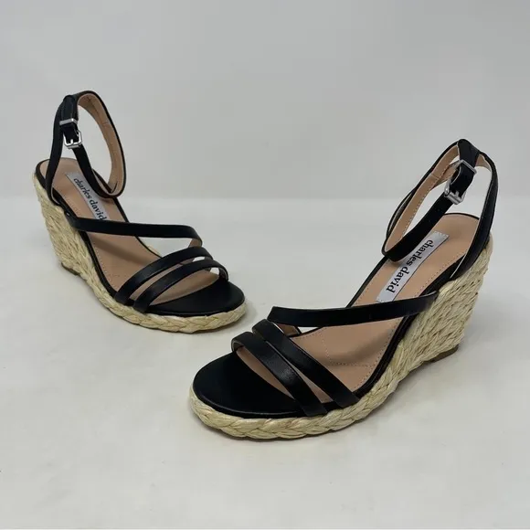 Charles David Rylee Ankle Strap Espadrille Wedge Sandals in Black Leather - NWT