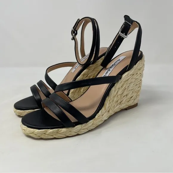 Charles David Rylee Ankle Strap Espadrille Wedge Sandals in Black Leather - NWT