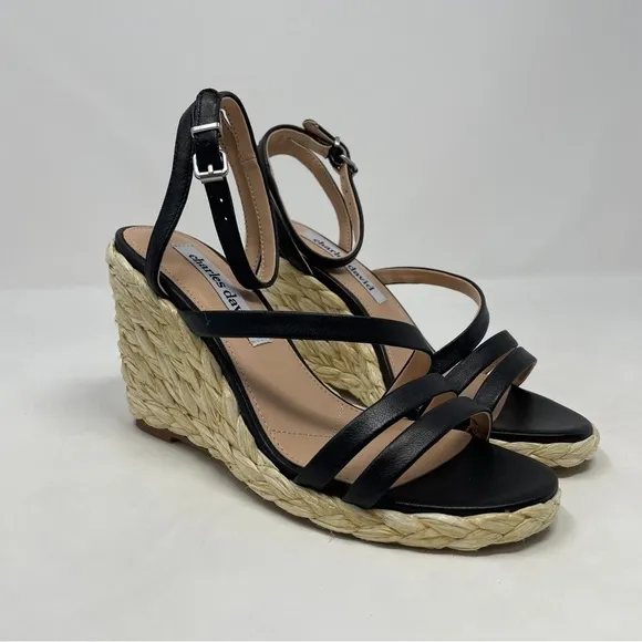 Charles David Rylee Ankle Strap Espadrille Wedge Sandals in Black Leather - NWT