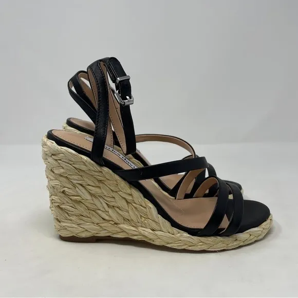 Charles David Rylee Ankle Strap Espadrille Wedge Sandals in Black Leather - NWT