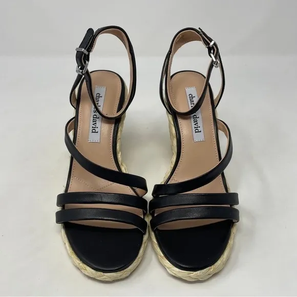 Charles David Rylee Ankle Strap Espadrille Wedge Sandals in Black Leather - NWT
