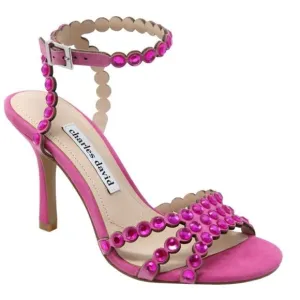 Charles David Sandals Ladies Size 5 Pink Rhinestones Suede Ankle Strap Heels