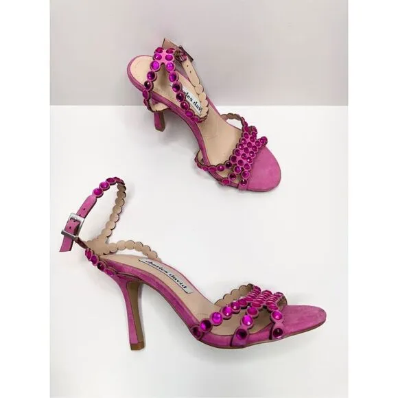 Charles David Sandals Ladies Size 5 Pink Rhinestones Suede Ankle Strap Heels
