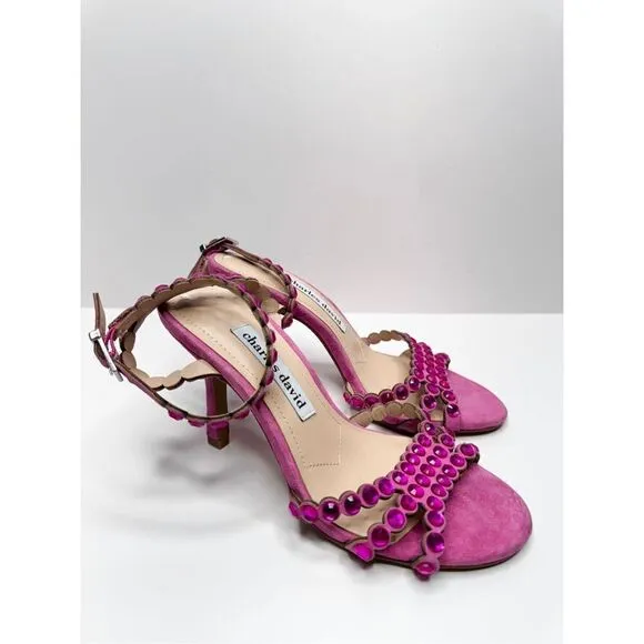 Charles David Sandals Ladies Size 5 Pink Rhinestones Suede Ankle Strap Heels