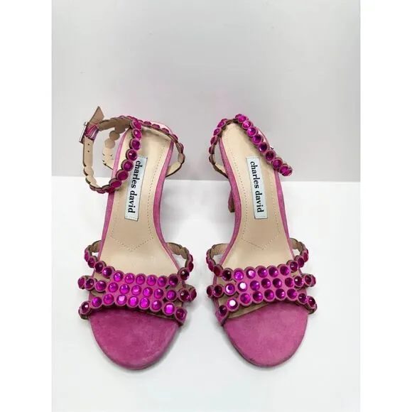 Charles David Sandals Ladies Size 5 Pink Rhinestones Suede Ankle Strap Heels