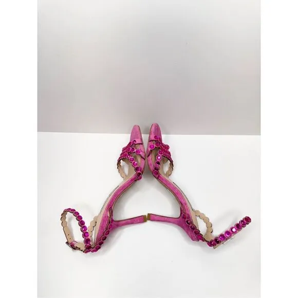 Charles David Sandals Ladies Size 5 Pink Rhinestones Suede Ankle Strap Heels