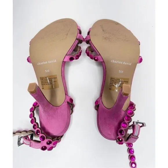 Charles David Sandals Ladies Size 5 Pink Rhinestones Suede Ankle Strap Heels