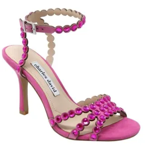 Charles David Sandals Ladies Size 6 Pink Rhinestones Suede Ankle Strap Heels