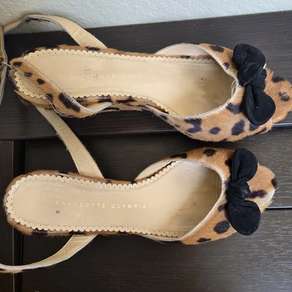 Charlotte Olympia Alexa Ankle Strap Sandal Wedge Calf Hair Leopard 38.5 US 8
