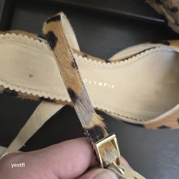 Charlotte Olympia Alexa Ankle Strap Sandal Wedge Calf Hair Leopard 38.5 US 8