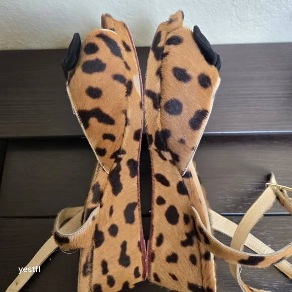 Charlotte Olympia Alexa Ankle Strap Sandal Wedge Calf Hair Leopard 38.5 US 8