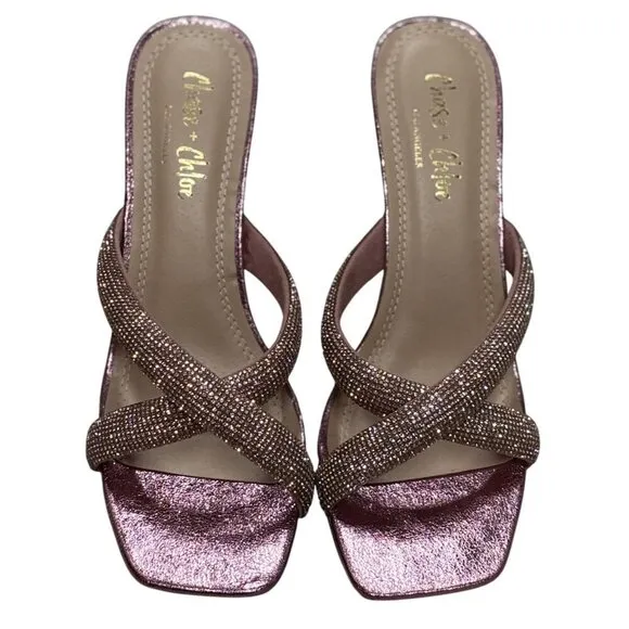 CHASE CHLOE / Olla-1 / Pink / Rhinestone Embellished Cross-Strap / Heeled Sandal