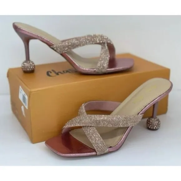 CHASE CHLOE / Olla-1 / Pink / Rhinestone Embellished Cross-Strap / Heeled Sandal