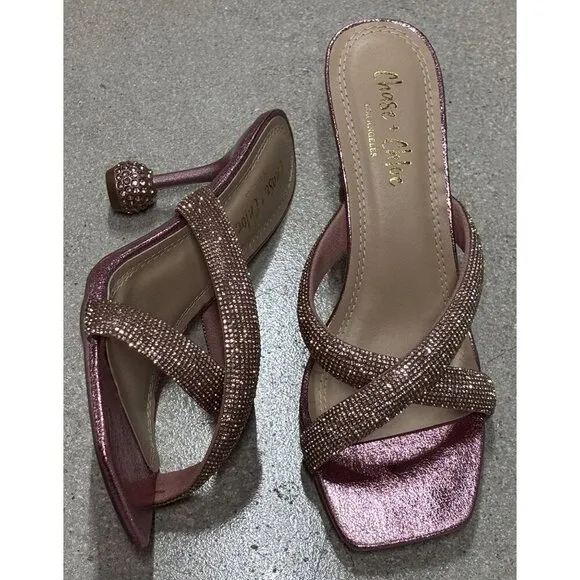 CHASE CHLOE / Olla-1 / Pink / Rhinestone Embellished Cross-Strap / Heeled Sandal