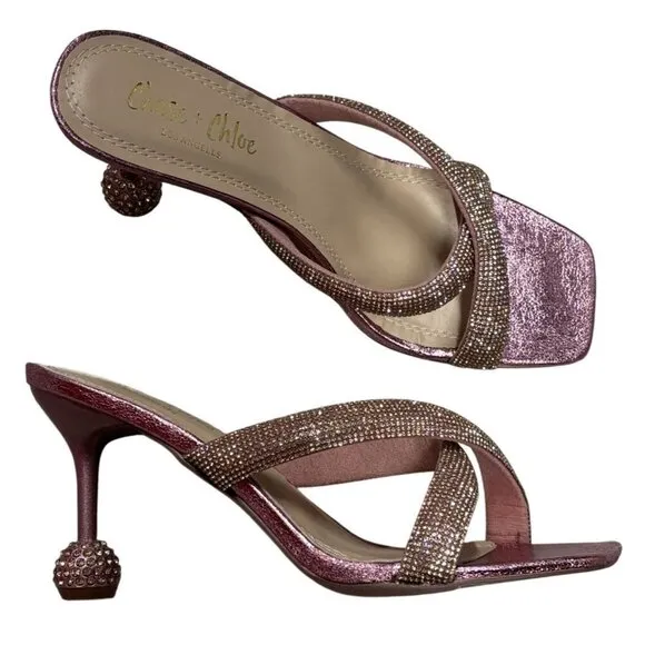 CHASE CHLOE / Olla-1 / Pink / Rhinestone Embellished Cross-Strap / Heeled Sandal