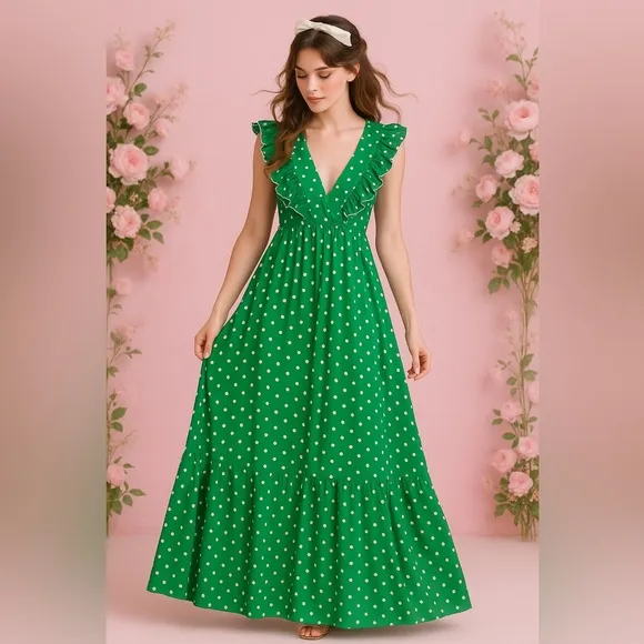 Chic Green Polka Dot Ruffle Maxi Dress – Retro Coquette Vibes