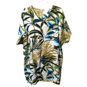 Chico's Linen Palm Print Tunic Dress V Neck Relaxed Short Sleeve Size 3 16/18