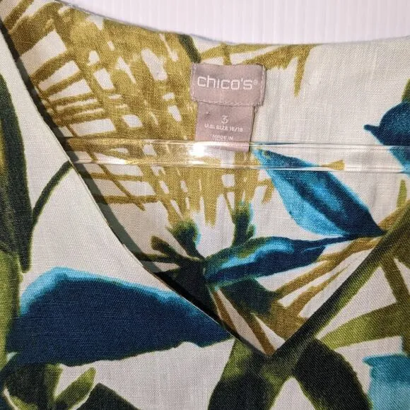 Chico's Linen Palm Print Tunic Dress V Neck Relaxed Short Sleeve Size 3 16/18