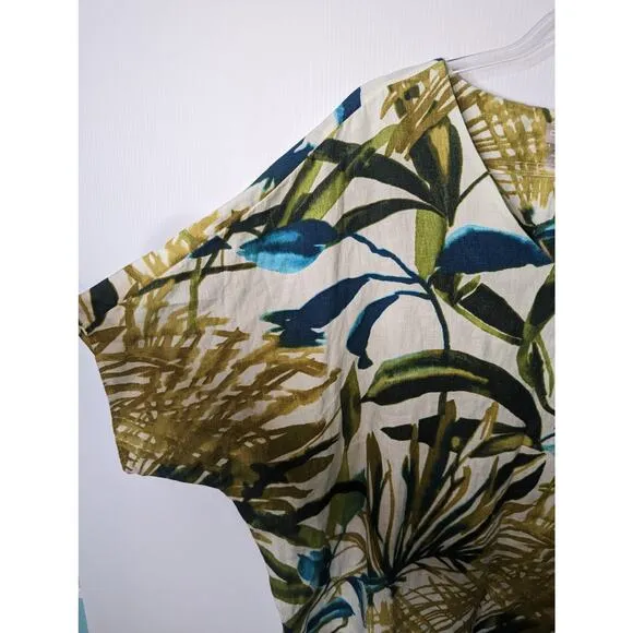 Chico's Linen Palm Print Tunic Dress V Neck Relaxed Short Sleeve Size 3 16/18