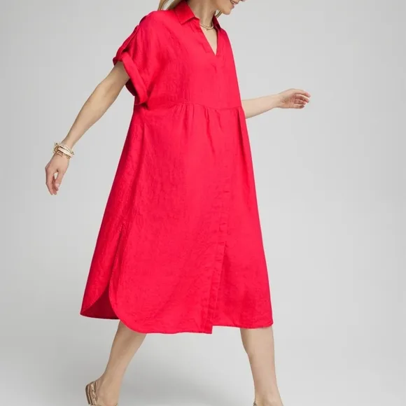 Chico's Linen Roll Tab Dolman Midi Dress Women's 20 Quiet Luxury Coastal Grandma