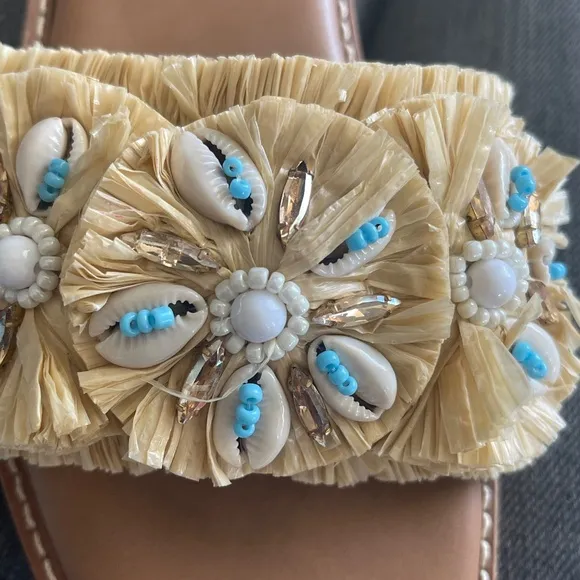 Chico's Raffia and Seashell Slide Sandals Size 7.5  Gently Loved