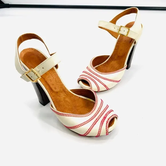 Chie Miharie Abba White Leather Block Heel Peep Toe Ankle Strap Sandals Size 37