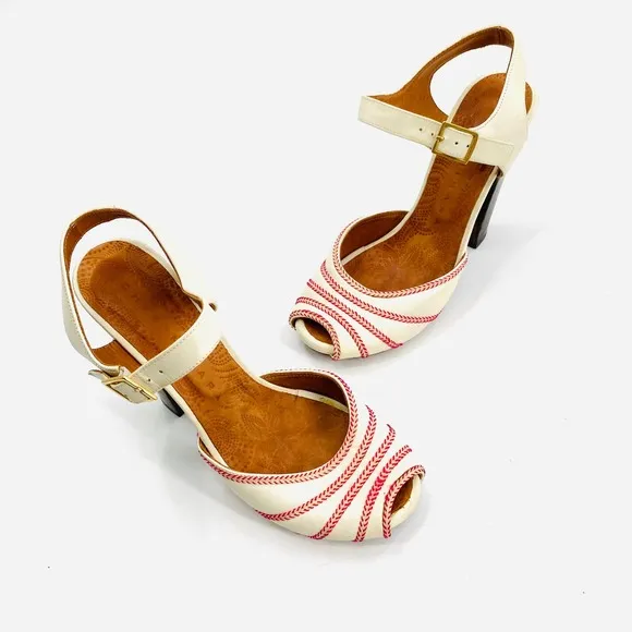Chie Miharie Abba White Leather Block Heel Peep Toe Ankle Strap Sandals Size 37