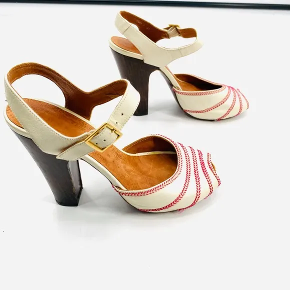 Chie Miharie Abba White Leather Block Heel Peep Toe Ankle Strap Sandals Size 37