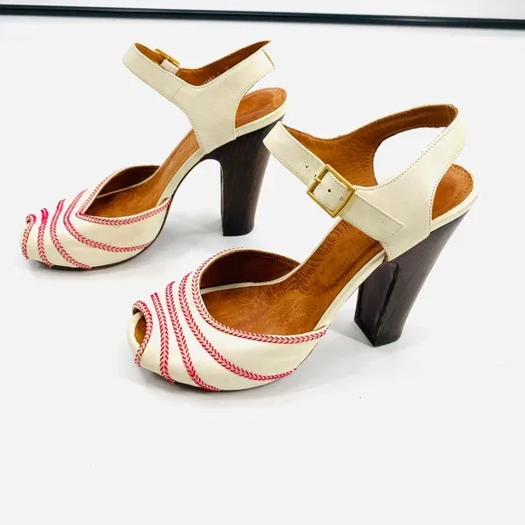 Chie Miharie Abba White Leather Block Heel Peep Toe Ankle Strap Sandals Size 37