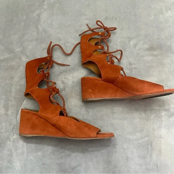 Chloe Rust Orange Suede Leather Lettonia Gladiator Wedge Sandals Size 38