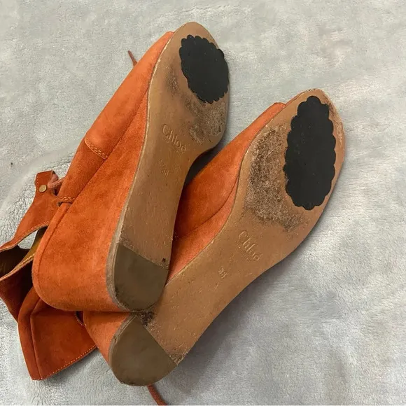 Chloe Rust Orange Suede Leather Lettonia Gladiator Wedge Sandals Size 38
