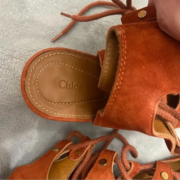 Chloe Rust Orange Suede Leather Lettonia Gladiator Wedge Sandals Size 38