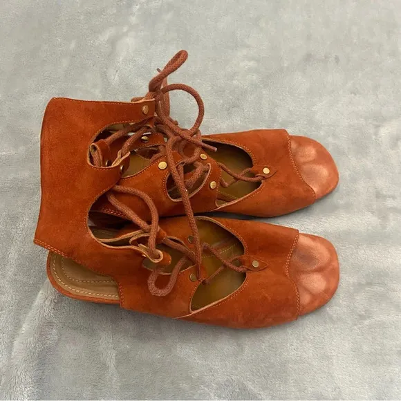 Chloe Rust Orange Suede Leather Lettonia Gladiator Wedge Sandals Size 38